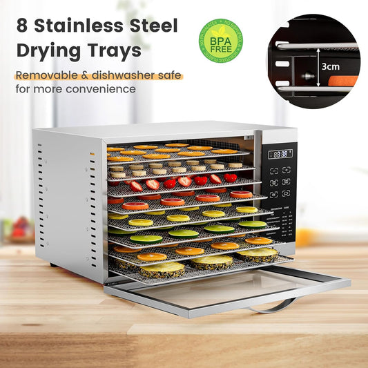 RELAX4LIFE Dörrautomat Edelstahl, Dörrgerät Temperatur einstellbar 30-70℃, Food Dehydrator inkl. 8 Edelstahl-Dörrtabletts, Touch-Display, 24 Std, für Lebensmittel Fleisch Früchte Gemüsew