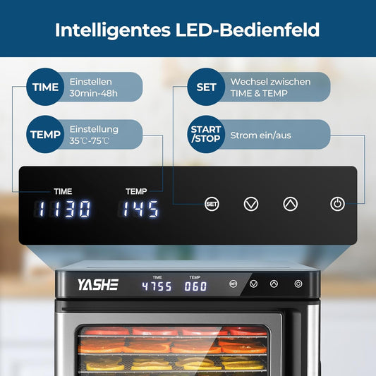Edelstahl Dörrautomat, 1000W Dörrgerät für Obst und Gemüse mit LED-Anzeige, präziser Temperaturregelung (35-75°C), 48-Stunden-Timer, 9 Edelstahlschalen, 2 Maschensiebe, 1 Schale für Obstrollenw