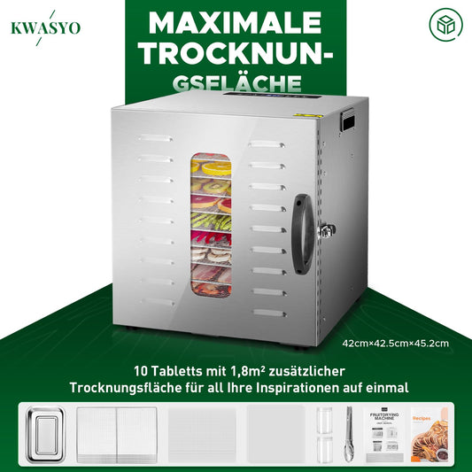 Kwasyo Dörrautomat Edelstahl DA 1000, XXL-Dörrfläche 1,8 m², Dörrgerät Temperatur einstellbar 30-90℃, LED-Display, 24 Std, BPA-frei, mit Rezeptheft, 10 Edelstahl-Dörrtablettsw