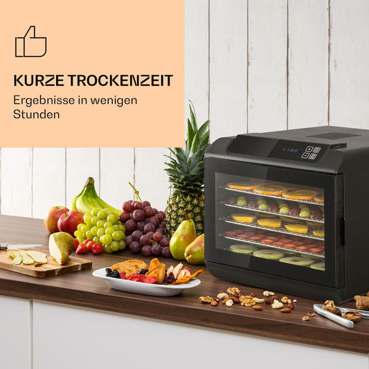 Klarstein Arizona Jerky Dörrautomat - Dörrgerät, Dehydrator, trocknet Obst, Fleisch und Früchte, 500 Watt, 35-70°C, 6 spülmaschinenfeste Einlagefächer, kurze Trockenzeit, Touch-Display, schwarzw