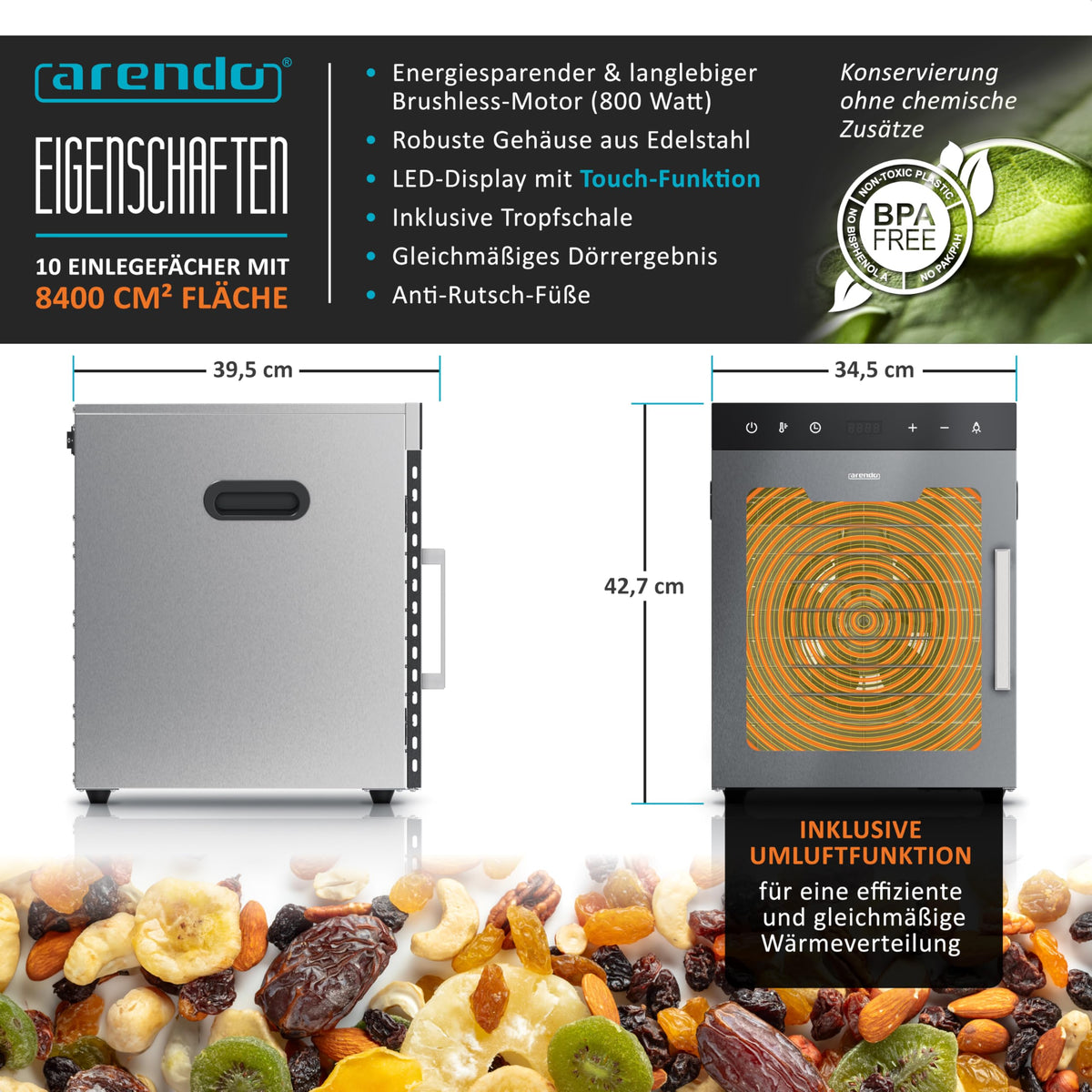 Arendo - Stainless steel dehydrator 8-fold - 500 watts with temperature control - dehydrator for food meat fruits fruit mushrooms - timer up to 24 hours - 8 compartments - GS - dehydratorw
