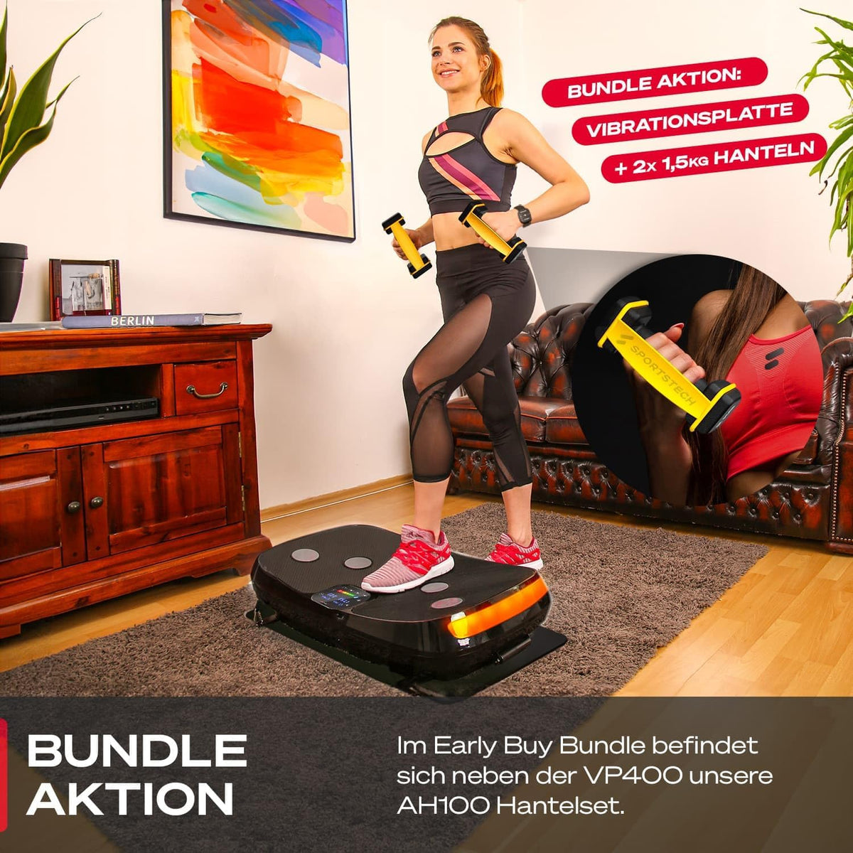 Sportstech VP400: 4D Vibrationsplatte mit Smart‑LED und Trainingsbändernl