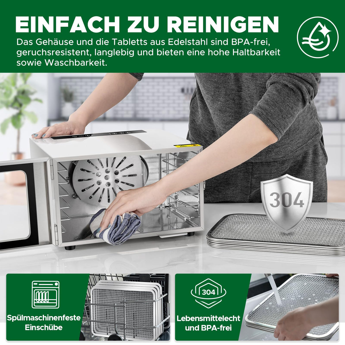 Kwasyo Dörrautomat Edelstahl DA 1000, XXL-Dörrfläche 1,8 m², Dörrgerät Temperatur einstellbar 30-90℃, LED-Display, 24 Std, BPA-frei, mit Rezeptheft, 10 Edelstahl-Dörrtablettsw