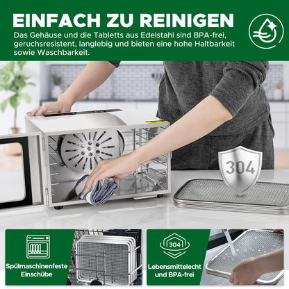 Kwasyo Dörrautomat Edelstahl DA 1000, XXL-Dörrfläche 1,8 m², Dörrgerät Temperatur einstellbar 30-90℃, LED-Display, 24 Std, BPA-frei, mit Rezeptheft, 10 Edelstahl-Dörrtablettsw