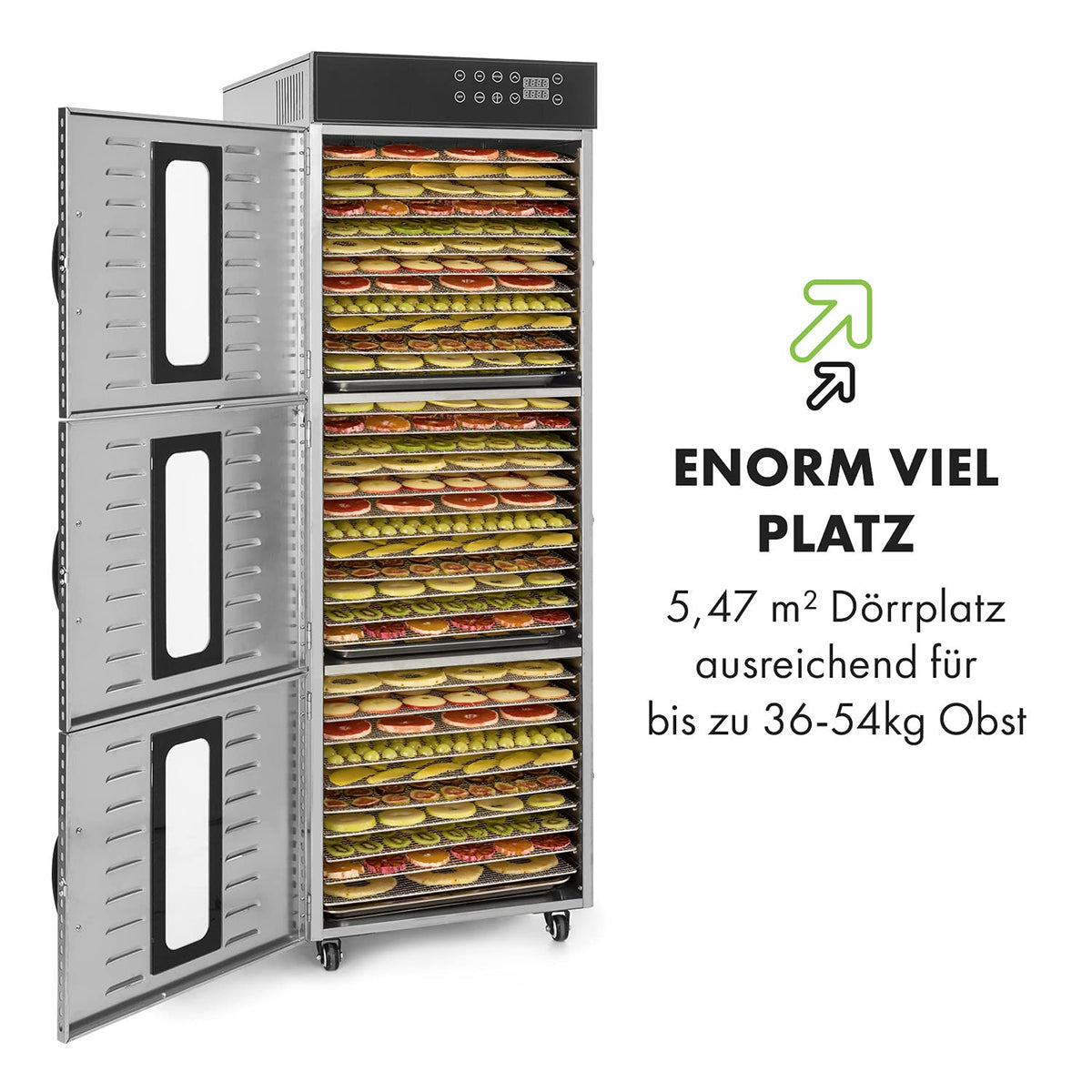 Klarstein Dörrautomat Edelstahl – 4.000-W-Dörrgerät, 48 Edelstahl-Einlegeböden, 30–90 °C, 24-Stunden-Timer, 6 Ventilatoren, 2 Trockenkammern, 50–55 dB, ideal für Obst, Gemüse, Fleisch, Kräuter, Silberw