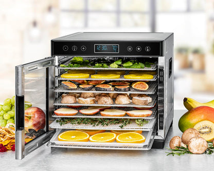 ROMMELSBACHER Dörrautomat DA 1000, XXL-Dörrfläche 1,6 m², inkl. 10 Edelstahl-Dörrtabletts, 2 Dörrgitter, 2 Dörrmatten, LED-Display, 24 Std. Zeitschaltuhr, Temperatur einstellbar (35 °C – 75 °C)w