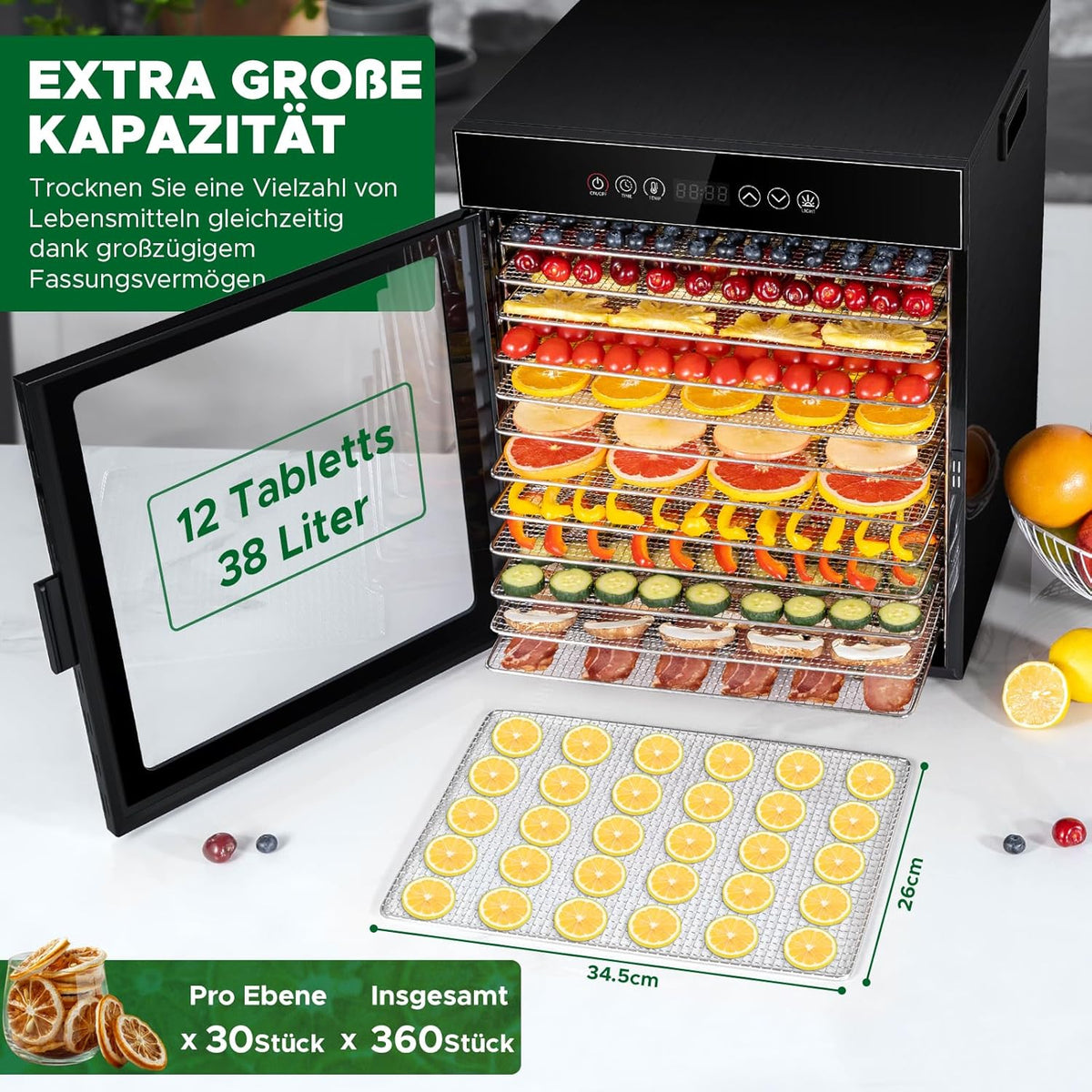 Kwasyo Dörrautomat Edelstahl, Dörrgerät 12 Etagen Ganz in Schwarz, 30-90℃ Temperaturregelung, 24 Stunden Timer, Rezeptheft für Fleisch Obst Gemüse Kräuter, 1000W, LT-09w