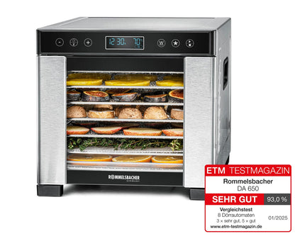 ROMMELSBACHER Dörrautomat DA 1000, XXL-Dörrfläche 1,6 m², inkl. 10 Edelstahl-Dörrtabletts, 2 Dörrgitter, 2 Dörrmatten, LED-Display, 24 Std. Zeitschaltuhr, Temperatur einstellbar (35 °C – 75 °C)w