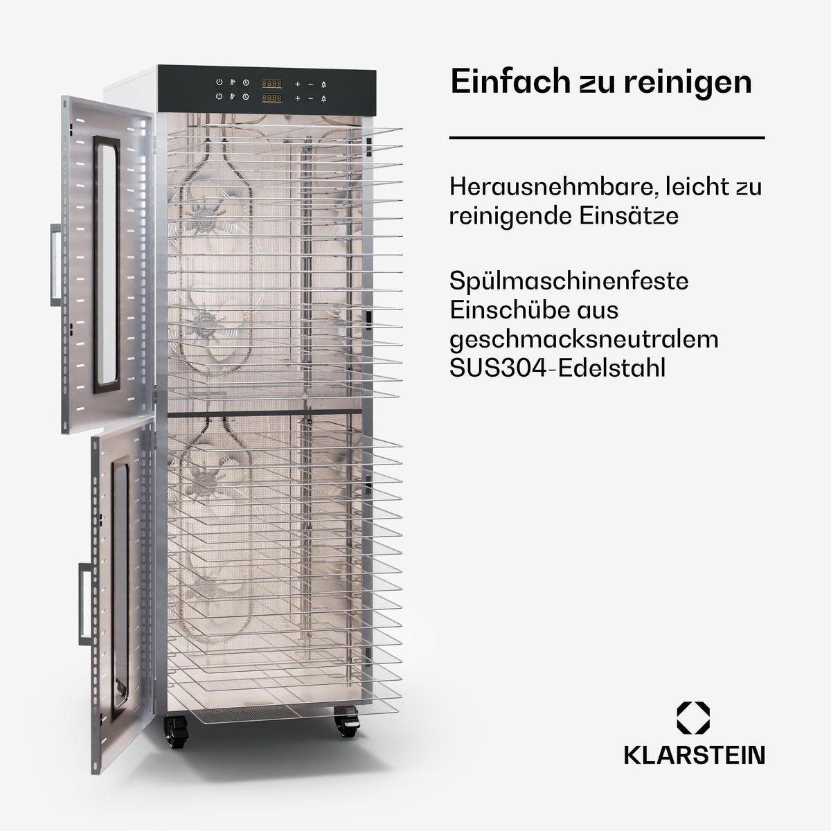 Klarstein Dörrautomat Edelstahl – 4.000-W-Dörrgerät, 48 Edelstahl-Einlegeböden, 30–90 °C, 24-Stunden-Timer, 6 Ventilatoren, 2 Trockenkammern, 50–55 dB, ideal für Obst, Gemüse, Fleisch, Kräuter, Silberw