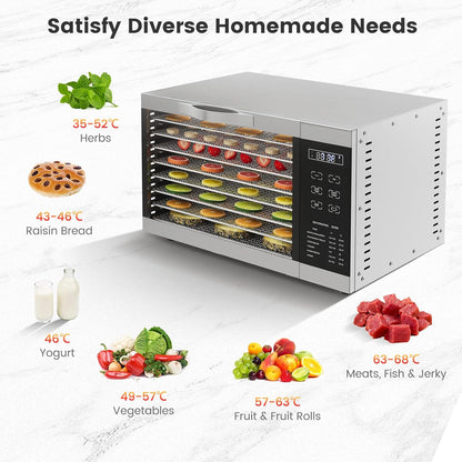 RELAX4LIFE Dörrautomat Edelstahl, Dörrgerät Temperatur einstellbar 30-70℃, Food Dehydrator inkl. 8 Edelstahl-Dörrtabletts, Touch-Display, 24 Std, für Lebensmittel Fleisch Früchte Gemüsew