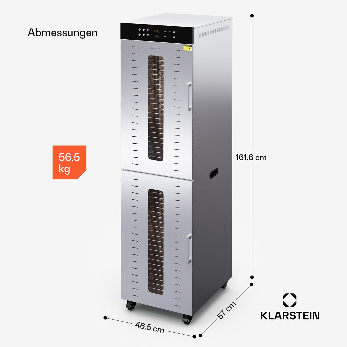 Klarstein Dörrautomat Edelstahl – 4.000-W-Dörrgerät, 48 Edelstahl-Einlegeböden, 30–90 °C, 24-Stunden-Timer, 6 Ventilatoren, 2 Trockenkammern, 50–55 dB, ideal für Obst, Gemüse, Fleisch, Kräuter, Silberw