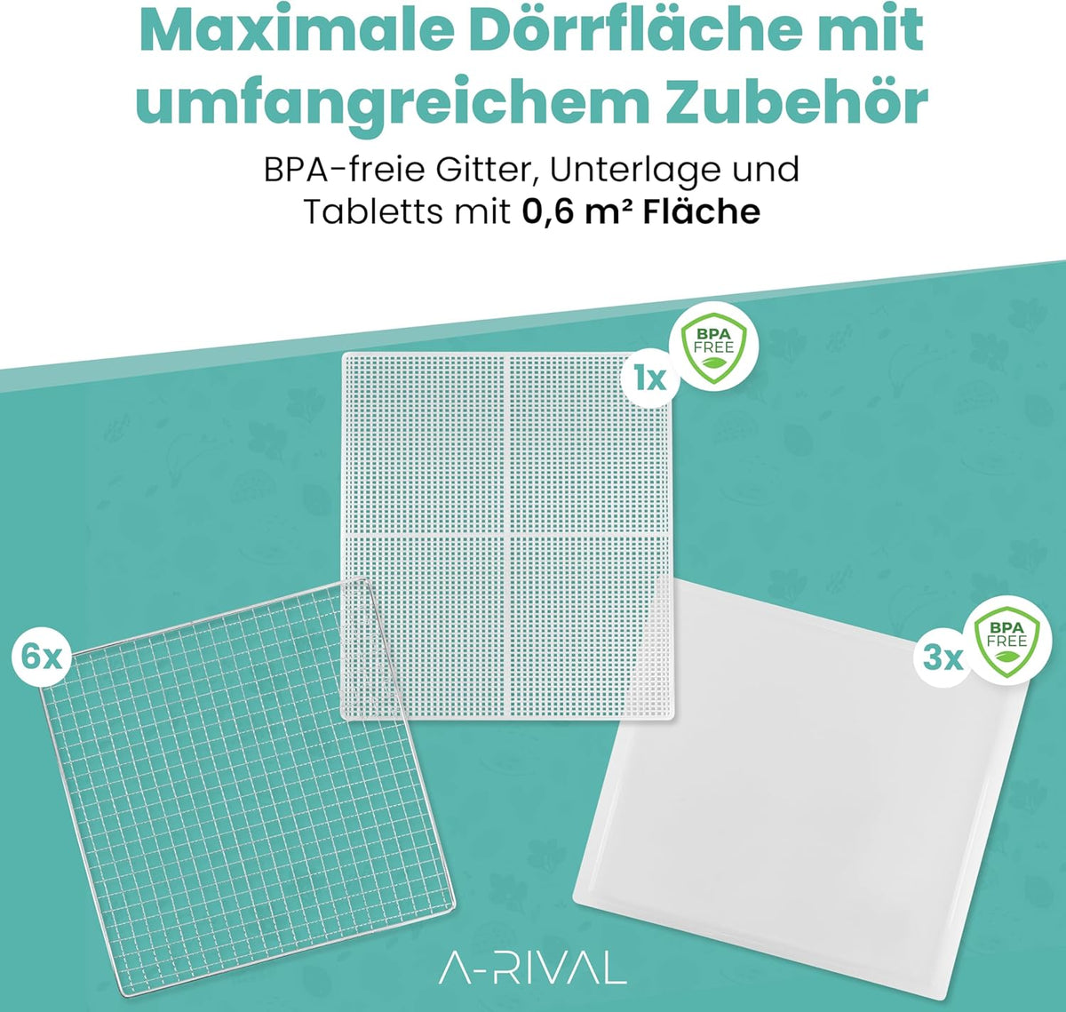 A-rival Dehydrator, Stainless Steel Dehydrator, Touch Control, Professional Dehydrator Stainless Steel, 24 Hour Timer, 6 Drying Trays + 3 Drying Mats, BPA-Free, 35 °C to 75 °C, Quiet Operation, 360°w