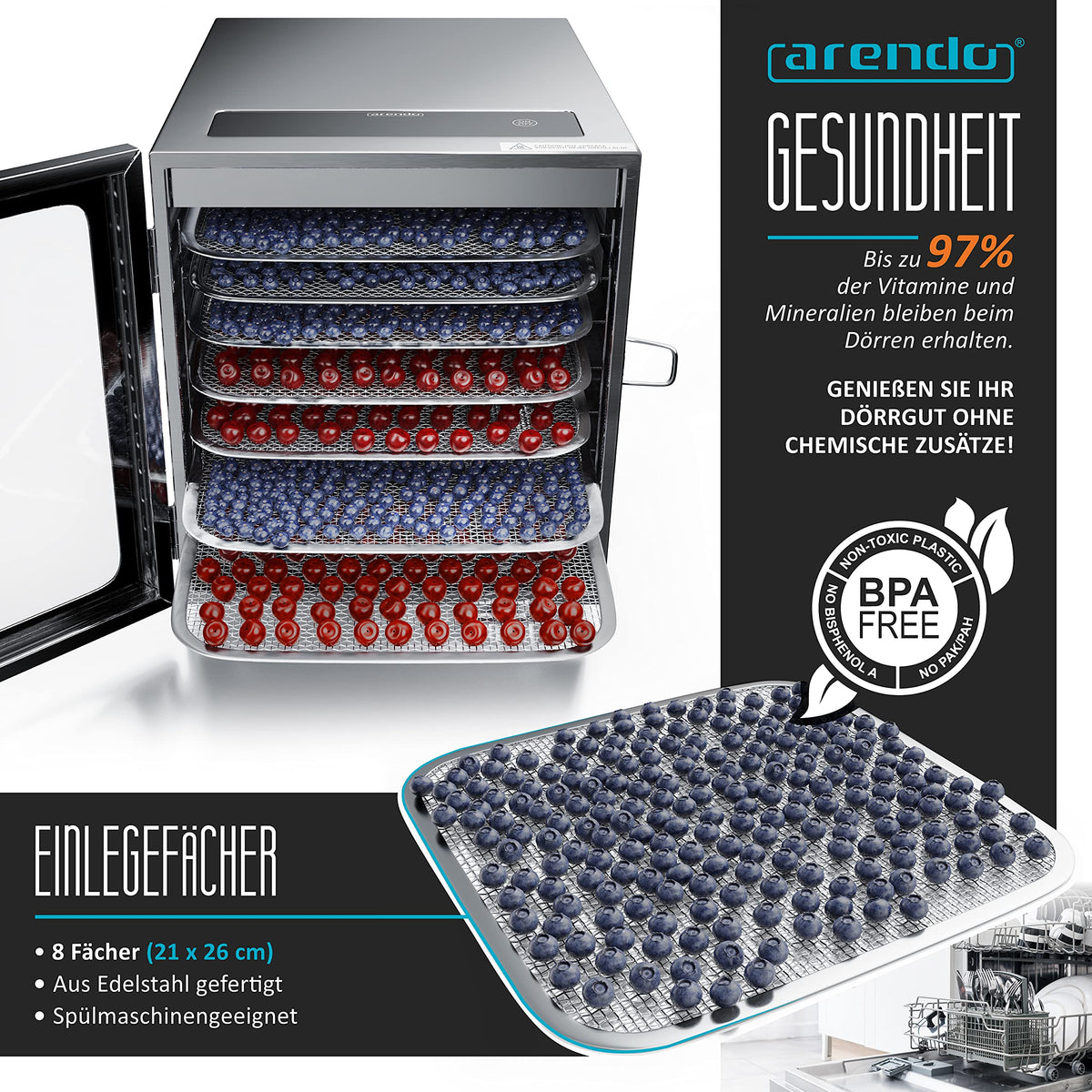 Arendo - Stainless steel dehydrator 8-fold - 500 watts with temperature control - dehydrator for food meat fruits fruit mushrooms - timer up to 24 hours - 8 compartments - GS - dehydratorw