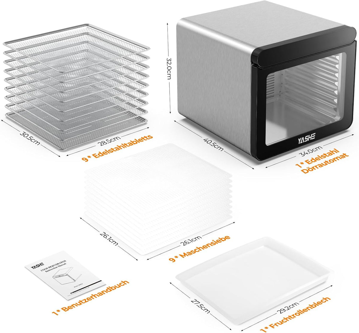 YASHE Stainless Steel Dehydrator with Digital Control (Temperature up to 75°C, Timer up to 48 Hours), 9 Trays Dehydrator for Fruit and Vegetables, Rear Fan for 360° Air Circulation, 800 Ww