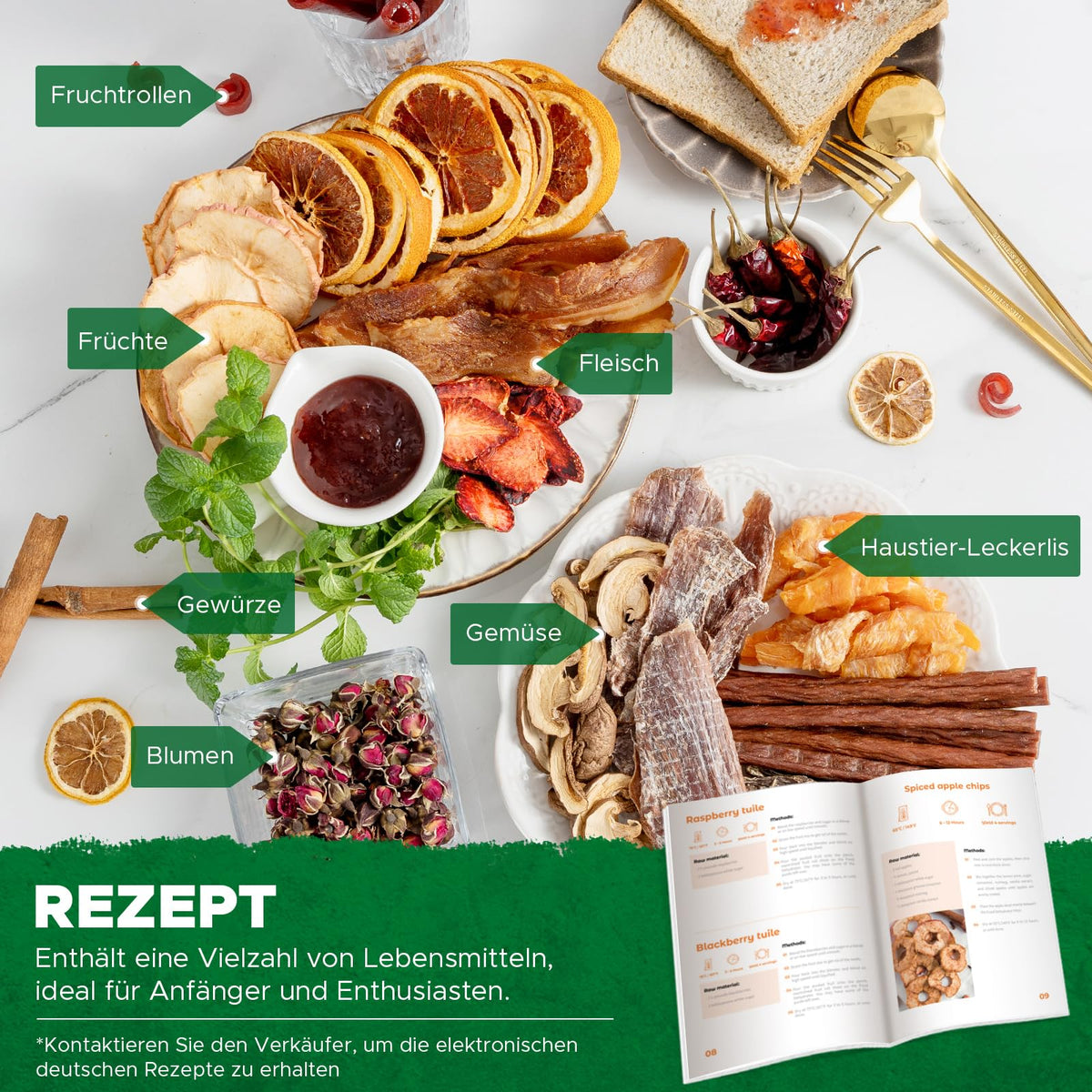 Kwasyo Dörrautomat Edelstahl DA 1000, XXL-Dörrfläche 1,8 m², Dörrgerät Temperatur einstellbar 30-90℃, LED-Display, 24 Std, BPA-frei, mit Rezeptheft, 10 Edelstahl-Dörrtablettsw