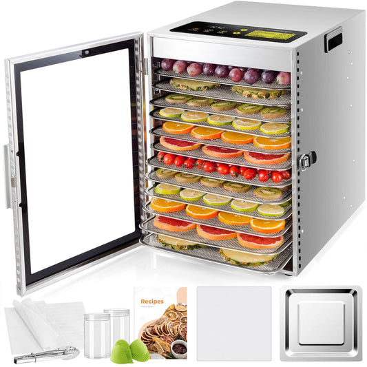 Kwasyo Dehydrator Stainless Steel, Double Fan 360° Efficient Dry, Dehydrator 12 Levels, 20-90°C Temperature Control, 24 Hour Timer, Overheating Protection, Recipe Book for Meat, Fruit, Vegetables,w