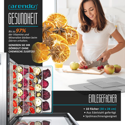 Arendo - Stainless steel dehydrator 8-fold - 500 watts with temperature control - dehydrator for food meat fruits fruit mushrooms - timer up to 24 hours - 8 compartments - GS - dehydratorw