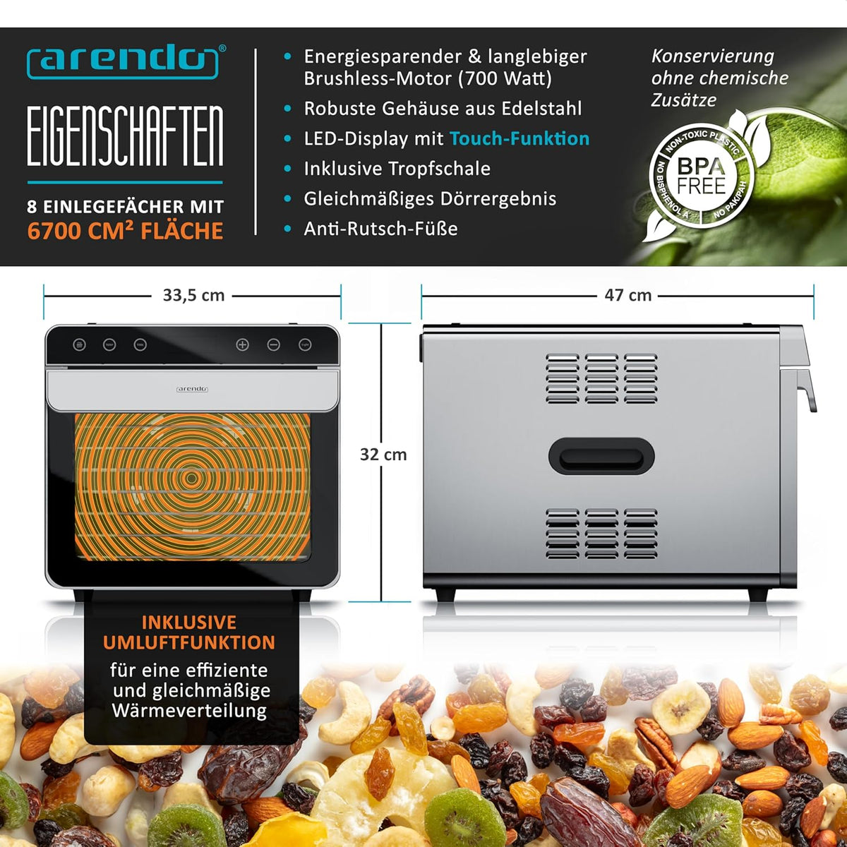 Arendo - Dörrautomat Edelstahl mit 8 Edelstahlgitter - 700 W - 35°-85°C - 8 Edelstahl Einlegetabletts mit insgesamt 6700 cm² - Dörrgerät Dehydrator Obsttrockner Dörrapparat - Obst Fleisch Pilze uvmw