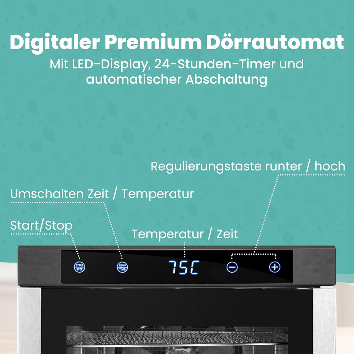 A-rival Dehydrator, Stainless Steel Dehydrator, Touch Control, Professional Dehydrator Stainless Steel, 24 Hour Timer, 6 Drying Trays + 3 Drying Mats, BPA-Free, 35 °C to 75 °C, Quiet Operation, 360°w