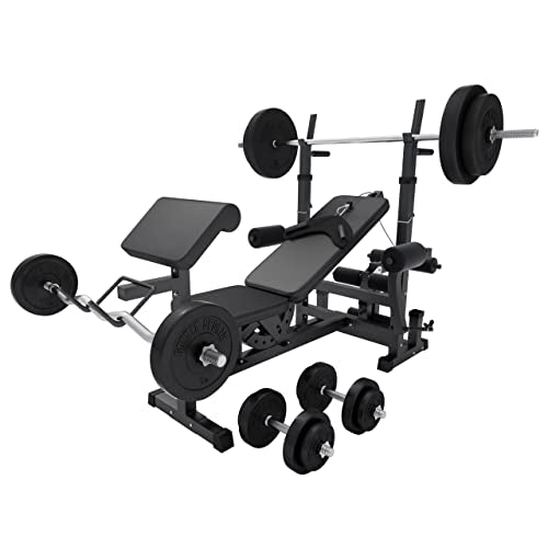 Gorilla Sports Hantelbank mit Gewichten, 170 cm Stange und Hantelsetl