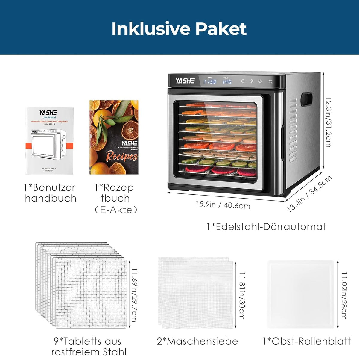 Edelstahl Dörrautomat, 1000W Dörrgerät für Obst und Gemüse mit LED-Anzeige, präziser Temperaturregelung (35-75°C), 48-Stunden-Timer, 9 Edelstahlschalen, 2 Maschensiebe, 1 Schale für Obstrollenw