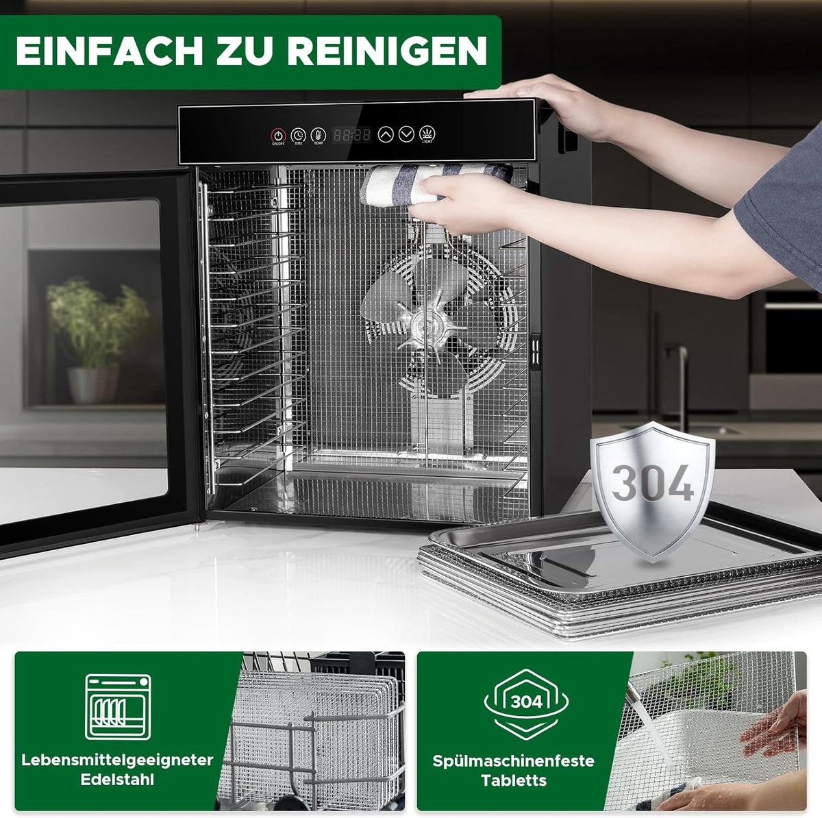 Kwasyo Dörrautomat Edelstahl, Dörrgerät 12 Etagen Ganz in Schwarz, 30-90℃ Temperaturregelung, 24 Stunden Timer, Rezeptheft für Fleisch Obst Gemüse Kräuter, 1000W, LT-09w