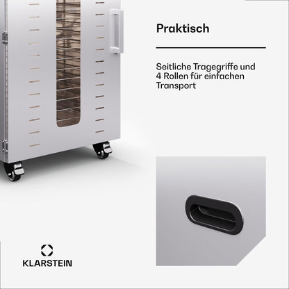 Klarstein Dörrautomat Edelstahl – 4.000-W-Dörrgerät, 48 Edelstahl-Einlegeböden, 30–90 °C, 24-Stunden-Timer, 6 Ventilatoren, 2 Trockenkammern, 50–55 dB, ideal für Obst, Gemüse, Fleisch, Kräuter, Silberw