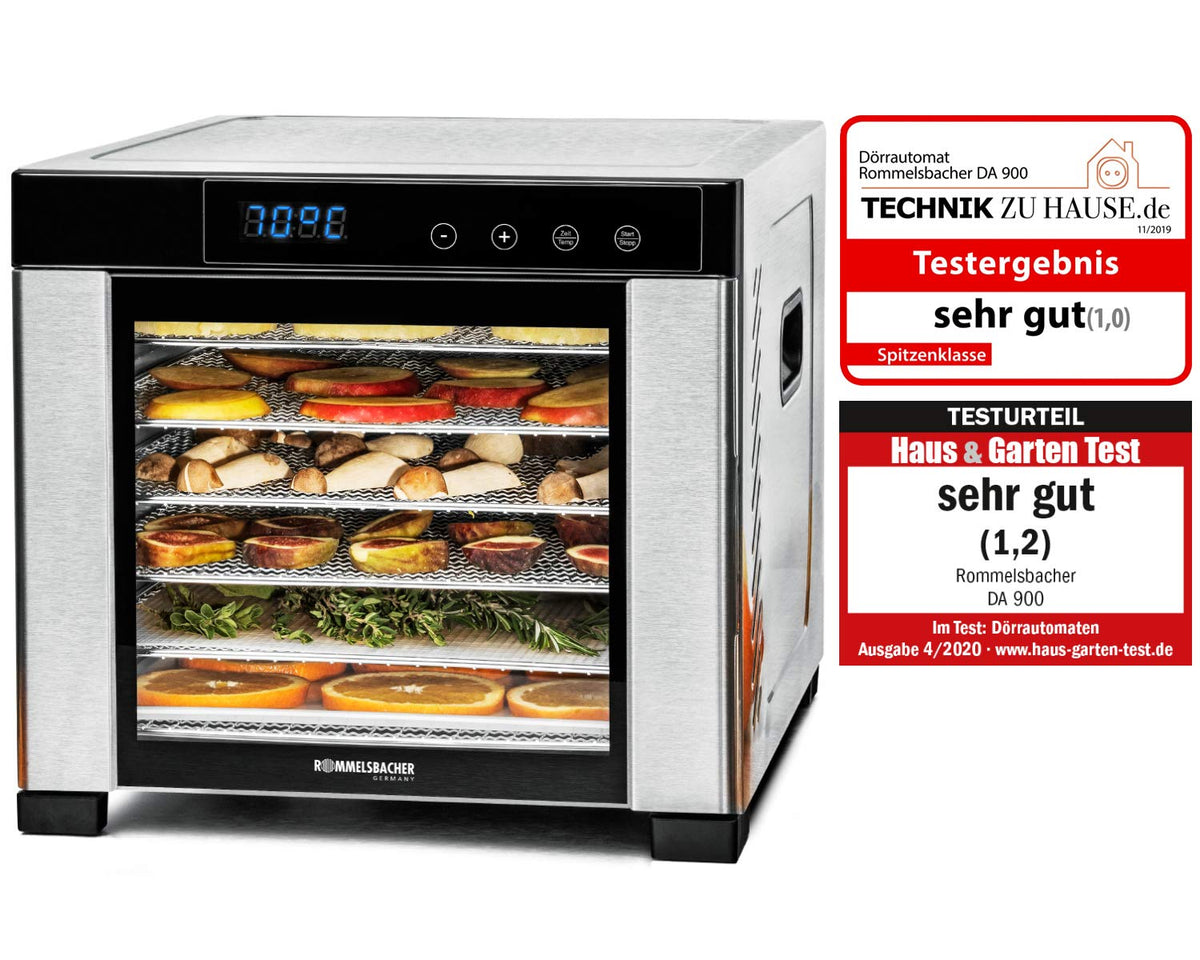 ROMMELSBACHER Dörrautomat DA 1000, XXL-Dörrfläche 1,6 m², inkl. 10 Edelstahl-Dörrtabletts, 2 Dörrgitter, 2 Dörrmatten, LED-Display, 24 Std. Zeitschaltuhr, Temperatur einstellbar (35 °C – 75 °C)w