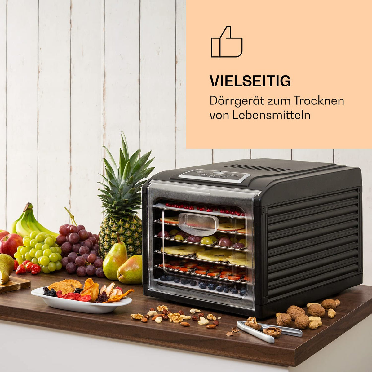 Klarstein Dörrautomat, Dörrgerät, Food Dehydrator, Dörrautomat aus Metall, Dehydrator Food Dryer, 9 Ablagen, 700 Watt, Touch-Display, Timer, Edelstahlheizelement, HotAir Circulation System, Schwarzw