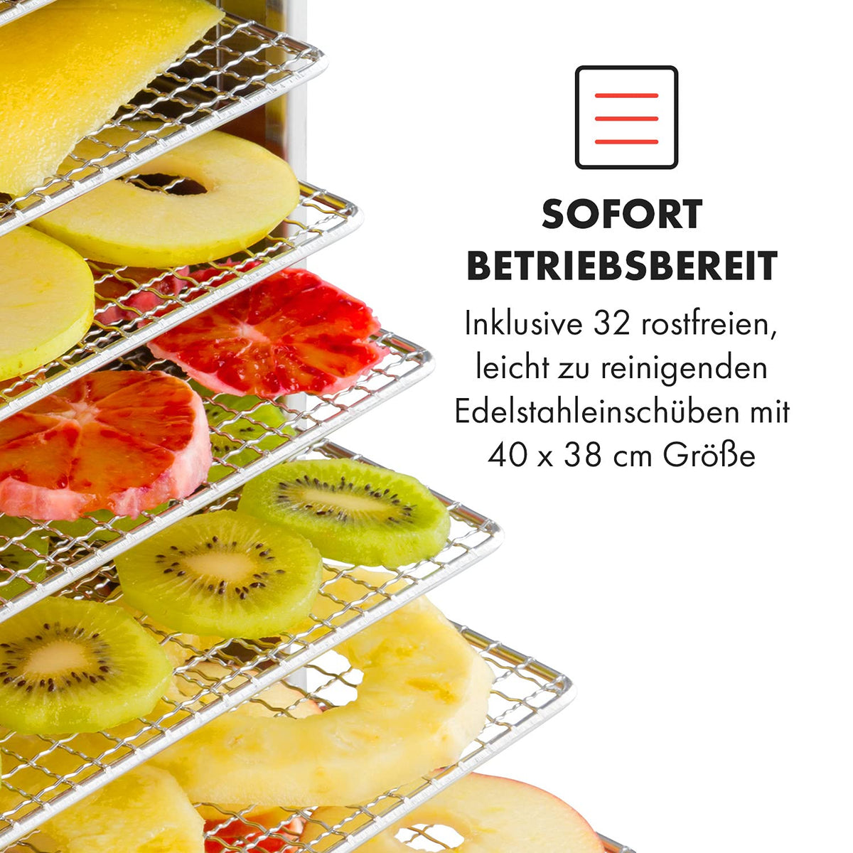 Klarstein Dörrautomat Edelstahl – 4.000-W-Dörrgerät, 48 Edelstahl-Einlegeböden, 30–90 °C, 24-Stunden-Timer, 6 Ventilatoren, 2 Trockenkammern, 50–55 dB, ideal für Obst, Gemüse, Fleisch, Kräuter, Silberw