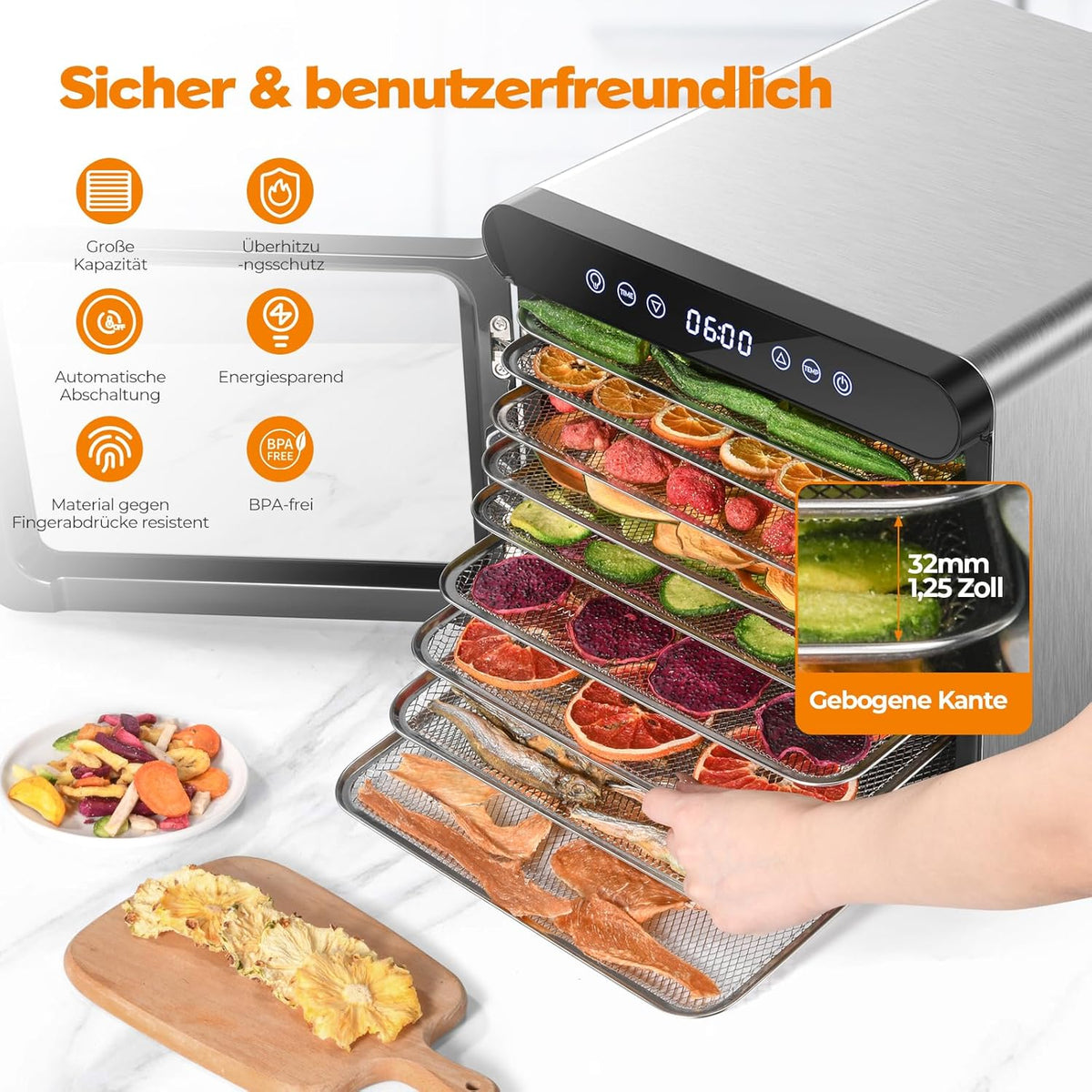 YASHE Stainless Steel Dehydrator with Digital Control (Temperature up to 75°C, Timer up to 48 Hours), 9 Trays Dehydrator for Fruit and Vegetables, Rear Fan for 360° Air Circulation, 800 Ww