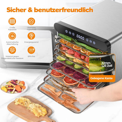 YASHE Stainless Steel Dehydrator with Digital Control (Temperature up to 75°C, Timer up to 48 Hours), 9 Trays Dehydrator for Fruit and Vegetables, Rear Fan for 360° Air Circulation, 800 Ww