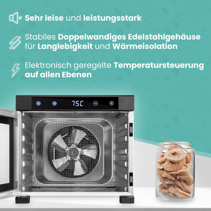 A-rival Dehydrator, Stainless Steel Dehydrator, Touch Control, Professional Dehydrator Stainless Steel, 24 Hour Timer, 6 Drying Trays + 3 Drying Mats, BPA-Free, 35 °C to 75 °C, Quiet Operation, 360°w