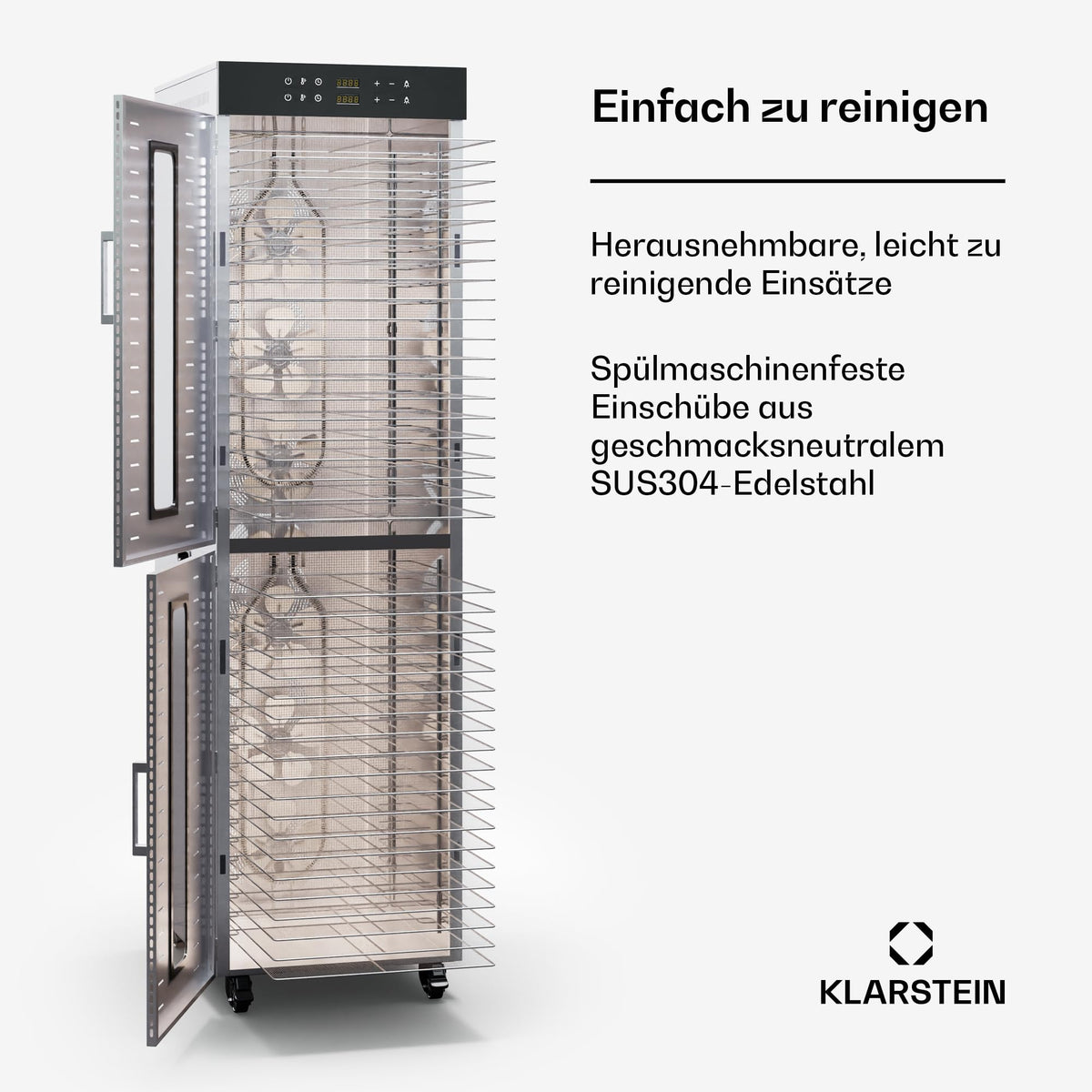 Klarstein Dörrautomat Edelstahl – 4.000-W-Dörrgerät, 48 Edelstahl-Einlegeböden, 30–90 °C, 24-Stunden-Timer, 6 Ventilatoren, 2 Trockenkammern, 50–55 dB, ideal für Obst, Gemüse, Fleisch, Kräuter, Silberw