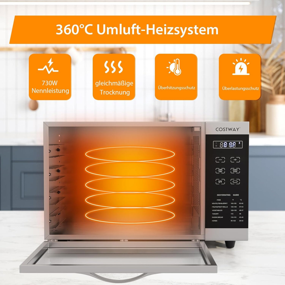 COSTWAY Dehydrator with 8 Grid Trays, 620W Dehydrator 30-70°C Temperature Control & 24H Timer, Overheating & Overload Protection, Food Dryer for Fruit, Meat, Vegetablesw