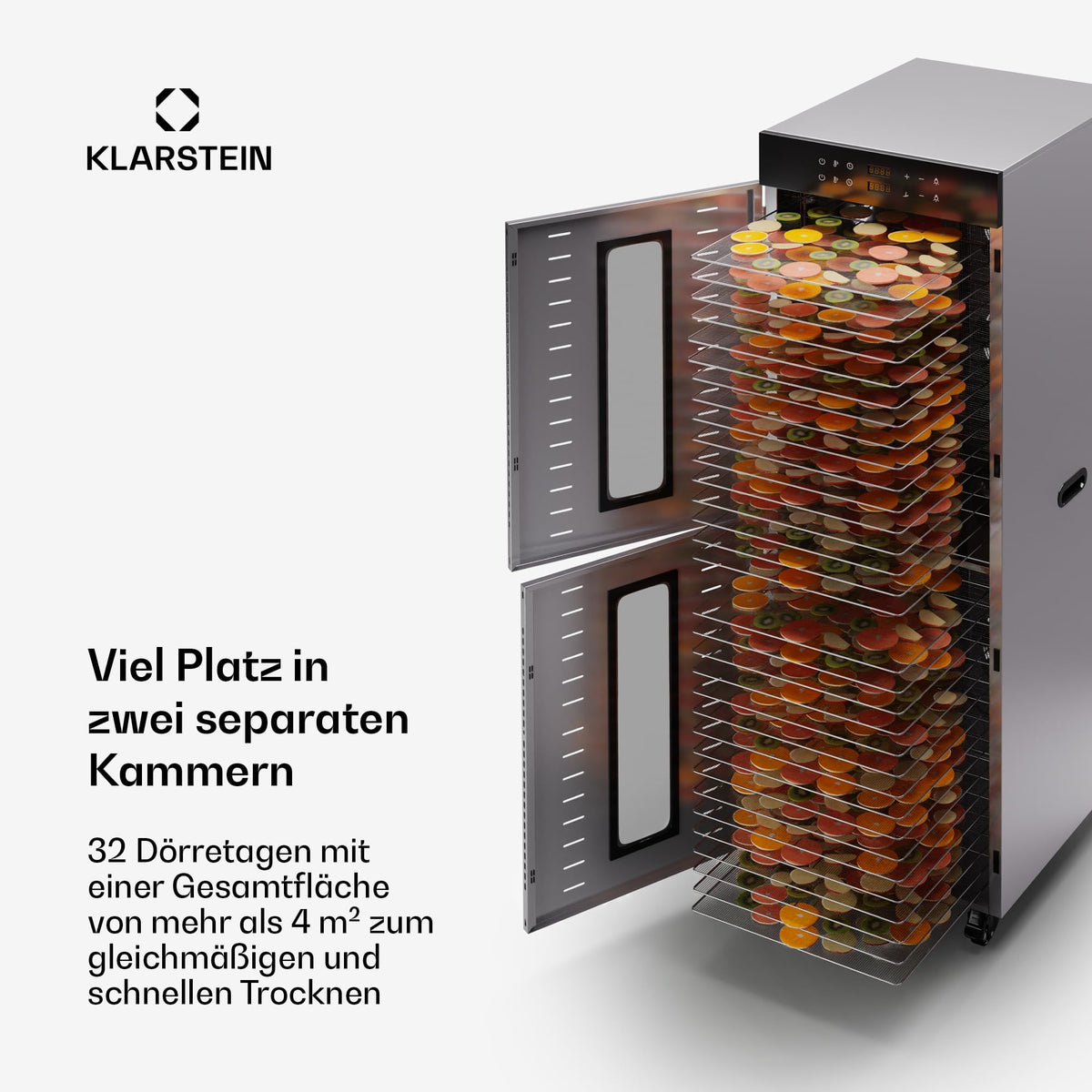 Klarstein Dörrautomat Edelstahl – 4.000-W-Dörrgerät, 48 Edelstahl-Einlegeböden, 30–90 °C, 24-Stunden-Timer, 6 Ventilatoren, 2 Trockenkammern, 50–55 dB, ideal für Obst, Gemüse, Fleisch, Kräuter, Silberw