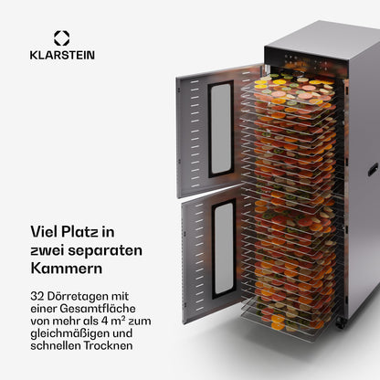Klarstein Dörrautomat Edelstahl – 4.000-W-Dörrgerät, 48 Edelstahl-Einlegeböden, 30–90 °C, 24-Stunden-Timer, 6 Ventilatoren, 2 Trockenkammern, 50–55 dB, ideal für Obst, Gemüse, Fleisch, Kräuter, Silberw