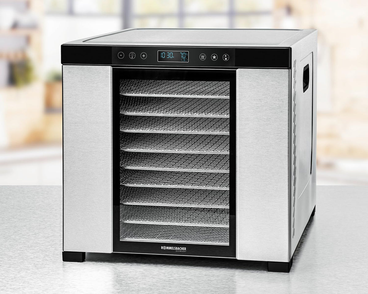 ROMMELSBACHER Dörrautomat DA 1000, XXL-Dörrfläche 1,6 m², inkl. 10 Edelstahl-Dörrtabletts, 2 Dörrgitter, 2 Dörrmatten, LED-Display, 24 Std. Zeitschaltuhr, Temperatur einstellbar (35 °C – 75 °C)w