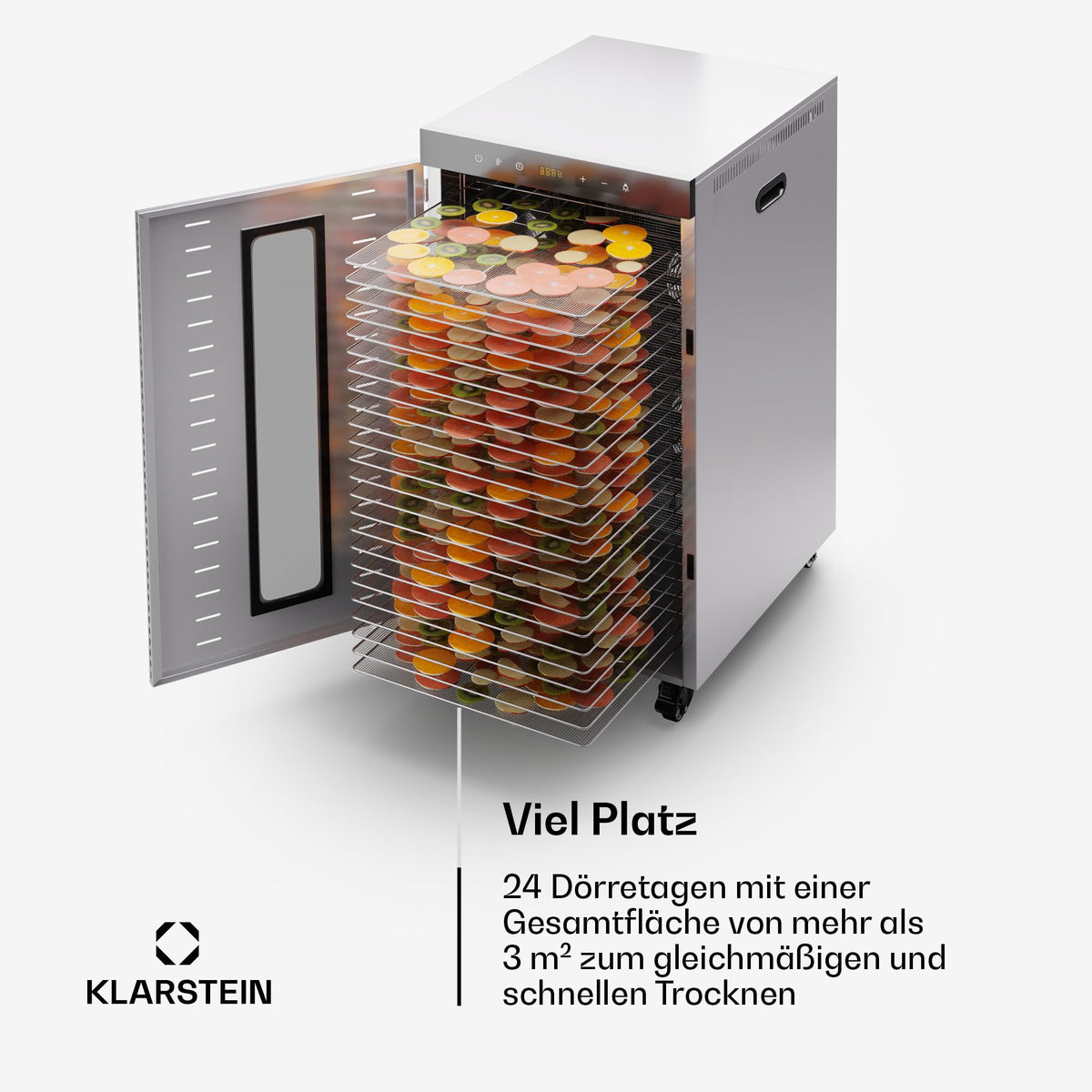Klarstein Dörrautomat Edelstahl – 4.000-W-Dörrgerät, 48 Edelstahl-Einlegeböden, 30–90 °C, 24-Stunden-Timer, 6 Ventilatoren, 2 Trockenkammern, 50–55 dB, ideal für Obst, Gemüse, Fleisch, Kräuter, Silberw