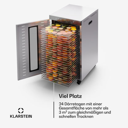 Klarstein Dörrautomat Edelstahl – 4.000-W-Dörrgerät, 48 Edelstahl-Einlegeböden, 30–90 °C, 24-Stunden-Timer, 6 Ventilatoren, 2 Trockenkammern, 50–55 dB, ideal für Obst, Gemüse, Fleisch, Kräuter, Silberw