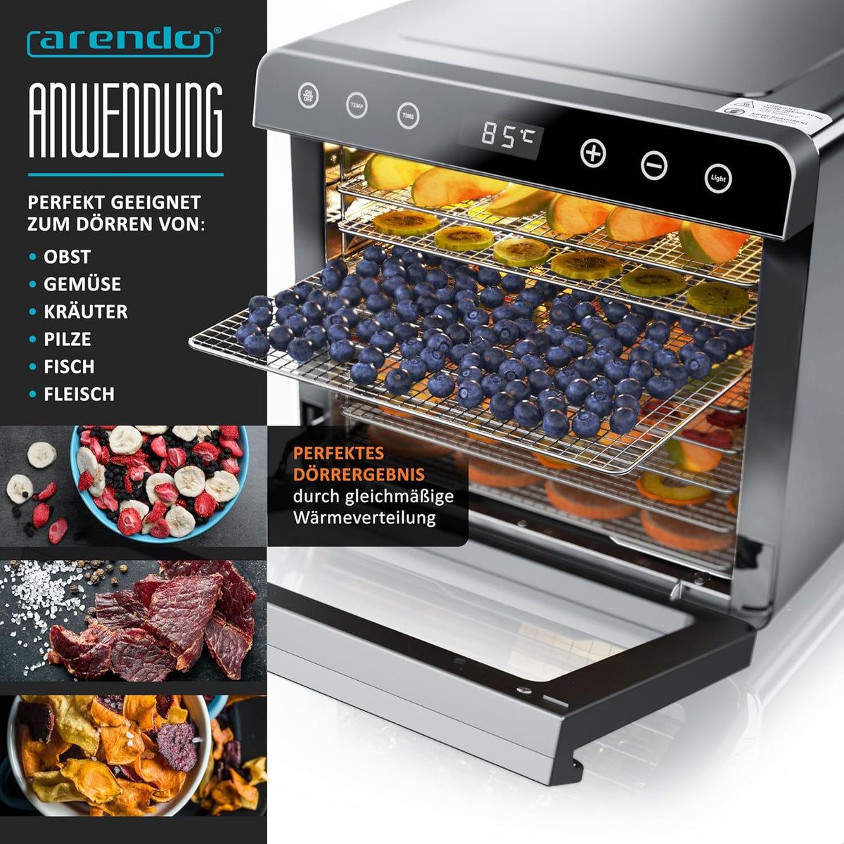 Arendo - Dörrautomat Edelstahl mit 8 Edelstahlgitter - 700 W - 35°-85°C - 8 Edelstahl Einlegetabletts mit insgesamt 6700 cm² - Dörrgerät Dehydrator Obsttrockner Dörrapparat - Obst Fleisch Pilze uvmw