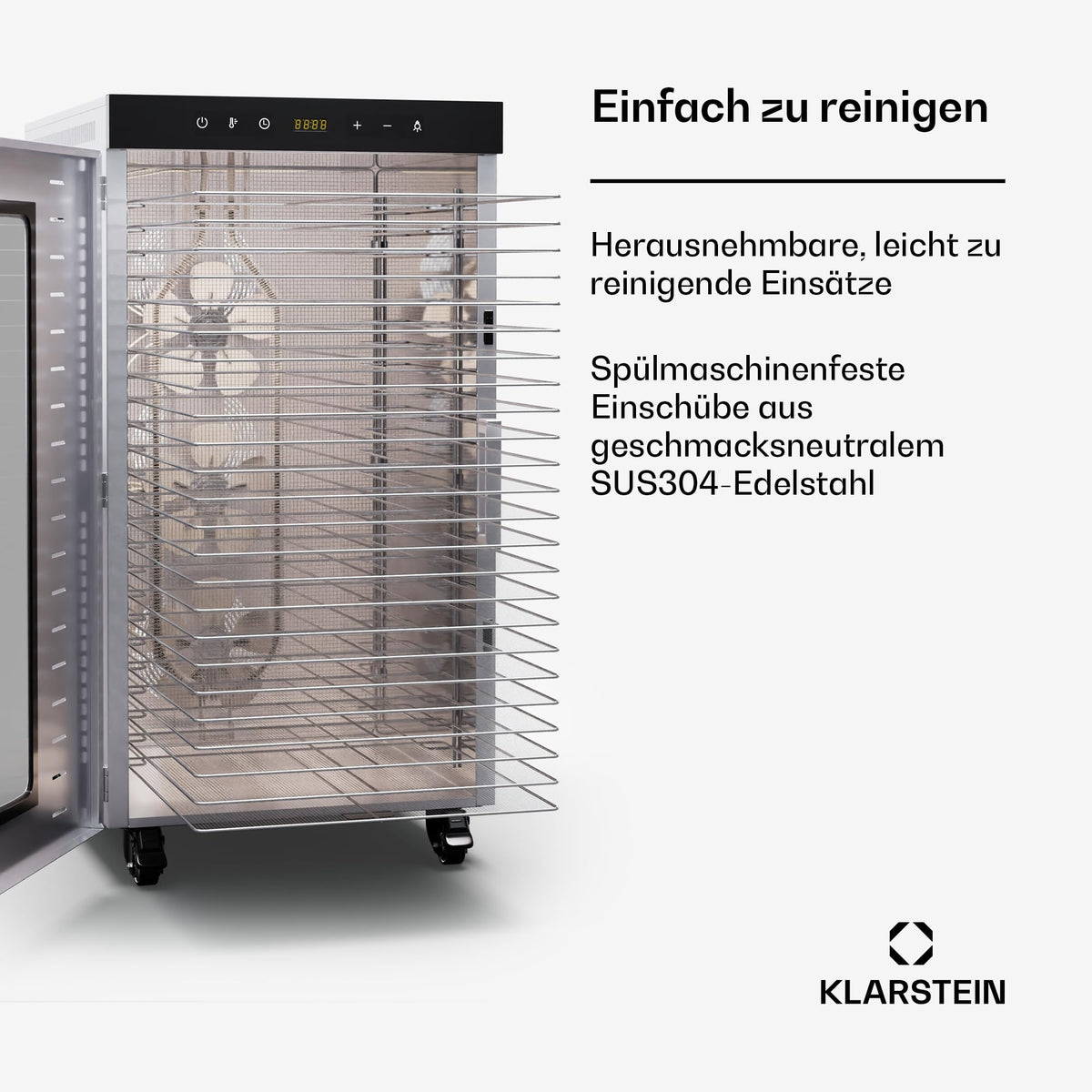 Klarstein Dörrautomat Edelstahl – 4.000-W-Dörrgerät, 48 Edelstahl-Einlegeböden, 30–90 °C, 24-Stunden-Timer, 6 Ventilatoren, 2 Trockenkammern, 50–55 dB, ideal für Obst, Gemüse, Fleisch, Kräuter, Silberw