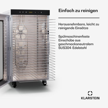 Klarstein Dörrautomat Edelstahl – 4.000-W-Dörrgerät, 48 Edelstahl-Einlegeböden, 30–90 °C, 24-Stunden-Timer, 6 Ventilatoren, 2 Trockenkammern, 50–55 dB, ideal für Obst, Gemüse, Fleisch, Kräuter, Silberw