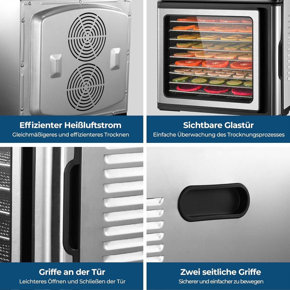 Edelstahl Dörrautomat, 1000W Dörrgerät für Obst und Gemüse mit LED-Anzeige, präziser Temperaturregelung (35-75°C), 48-Stunden-Timer, 9 Edelstahlschalen, 2 Maschensiebe, 1 Schale für Obstrollenw
