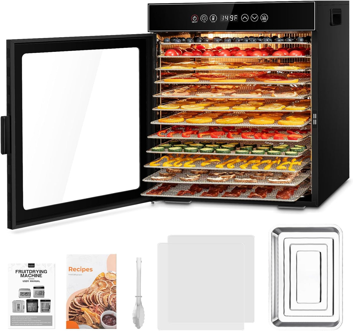 Kwasyo Dörrautomat Edelstahl, Dörrgerät 12 Etagen Ganz in Schwarz, 30-90℃ Temperaturregelung, 24 Stunden Timer, Rezeptheft für Fleisch Obst Gemüse Kräuter, 1000W, LT-09w