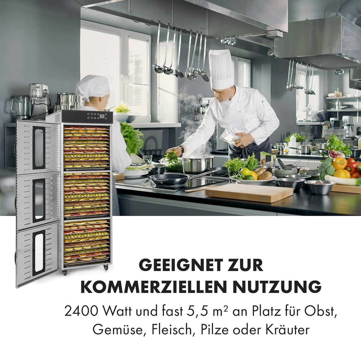 Klarstein Dörrautomat Edelstahl – 4.000-W-Dörrgerät, 48 Edelstahl-Einlegeböden, 30–90 °C, 24-Stunden-Timer, 6 Ventilatoren, 2 Trockenkammern, 50–55 dB, ideal für Obst, Gemüse, Fleisch, Kräuter, Silberw