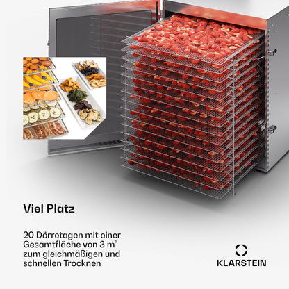 Klarstein Dörrgerät, Dörrautomat für Gemüse, Obst, Pilze & Fleisch, 1500W Edelstahl-Dörrautomat, Trockenautomat mit 16 Metallgitter, Dörrgerät mit 24H Timer & Touch-Display, Food Dehydratorw