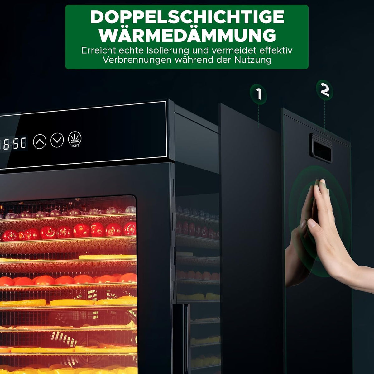 Kwasyo Dörrautomat Edelstahl, Dörrgerät 12 Etagen Ganz in Schwarz, 30-90℃ Temperaturregelung, 24 Stunden Timer, Rezeptheft für Fleisch Obst Gemüse Kräuter, 1000W, LT-09w