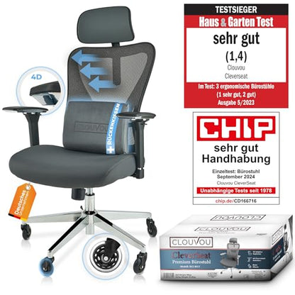 CLOUVOU PowerSeat Testsieger Ergonomischer Bürostuhl – Voll Anpassbar, Gaming, 200 kgd