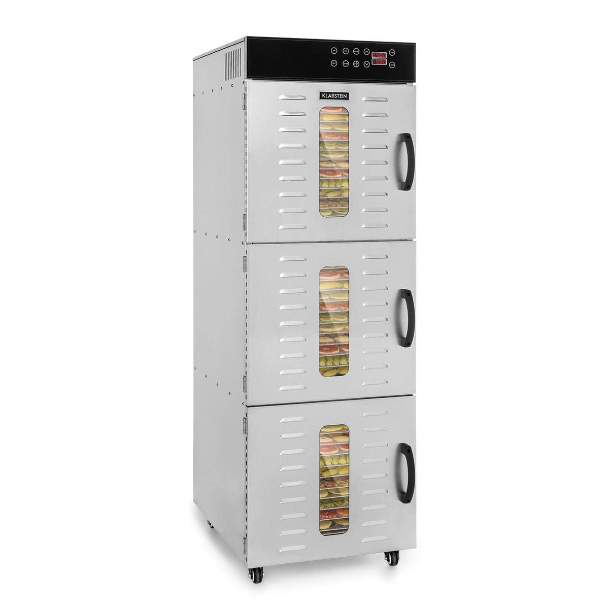 Klarstein Dörrautomat Edelstahl – 4.000-W-Dörrgerät, 48 Edelstahl-Einlegeböden, 30–90 °C, 24-Stunden-Timer, 6 Ventilatoren, 2 Trockenkammern, 50–55 dB, ideal für Obst, Gemüse, Fleisch, Kräuter, Silberw